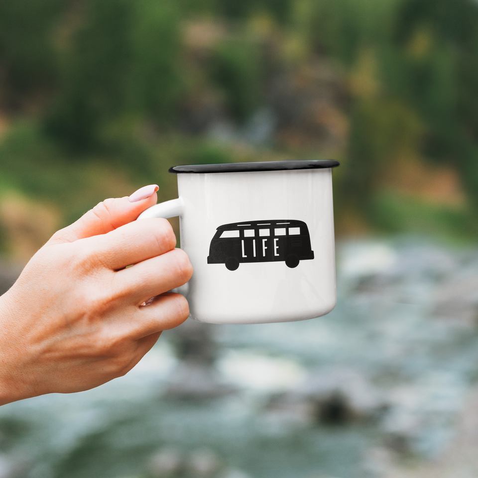 Vanlife enamel mug in hand